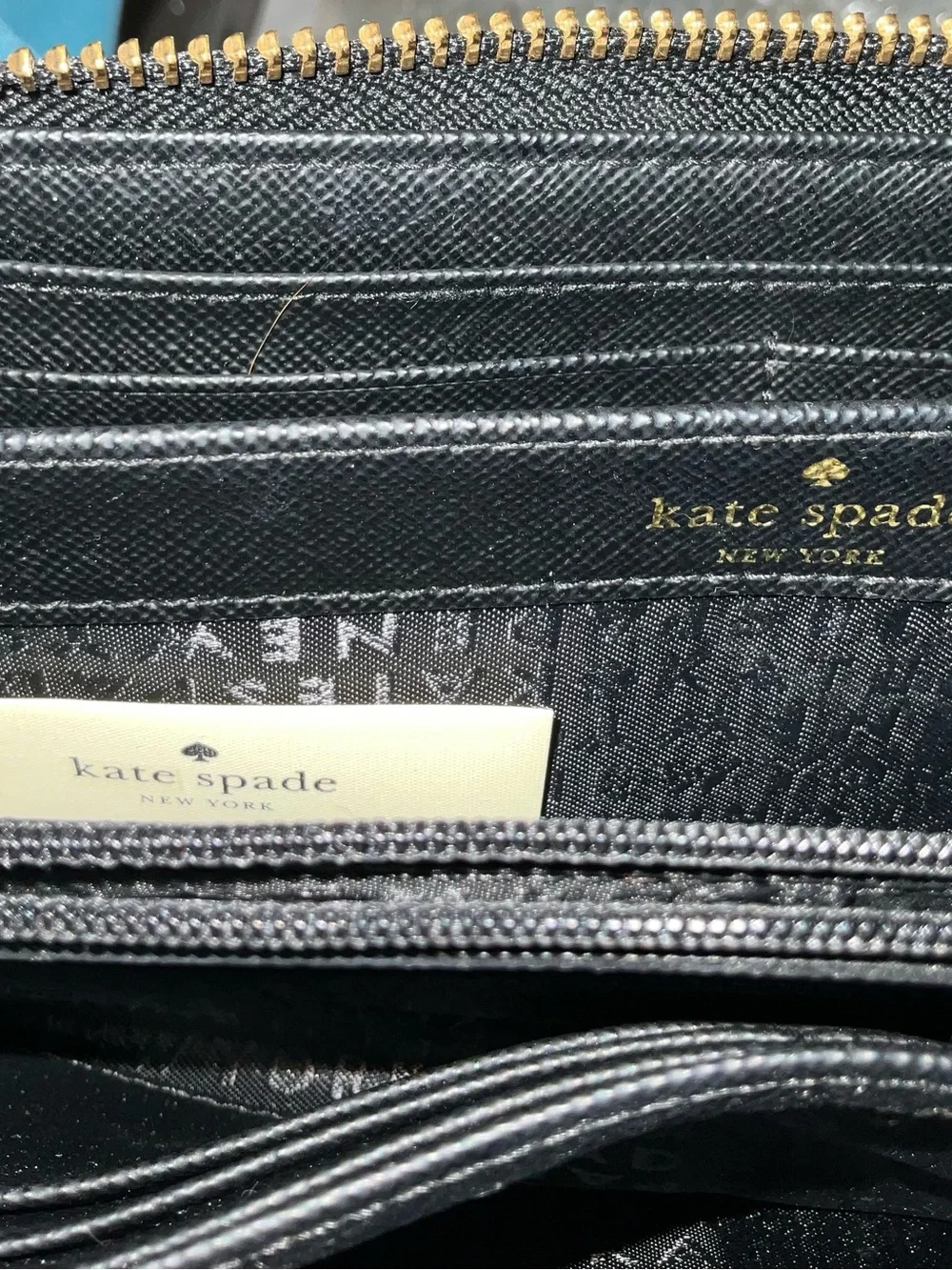 kate spade Black Leather Zip-Around Card Wallet with Gold Hardware